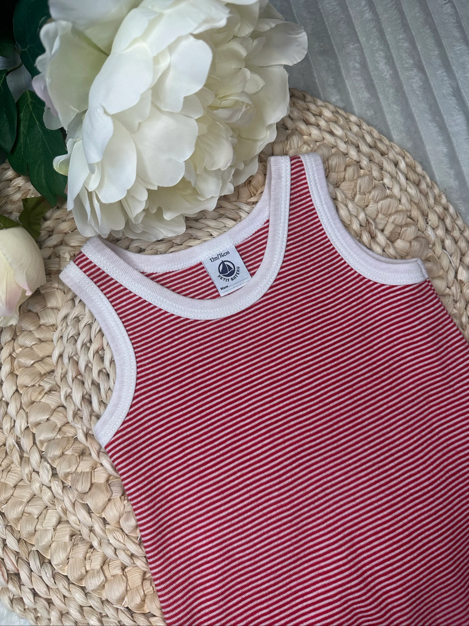 Barboteuse Petit Bateau 12 mois rayé rouge et blanc  – photo 2